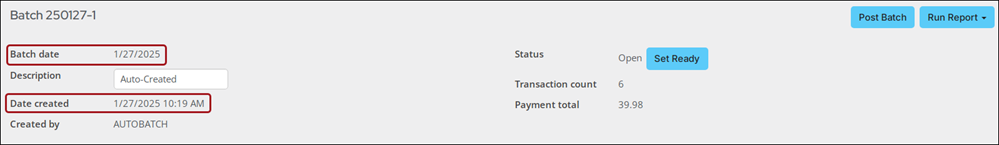 The new batch reflecting the invoice date. Created by field always displays AUTOBATCHINVOICE